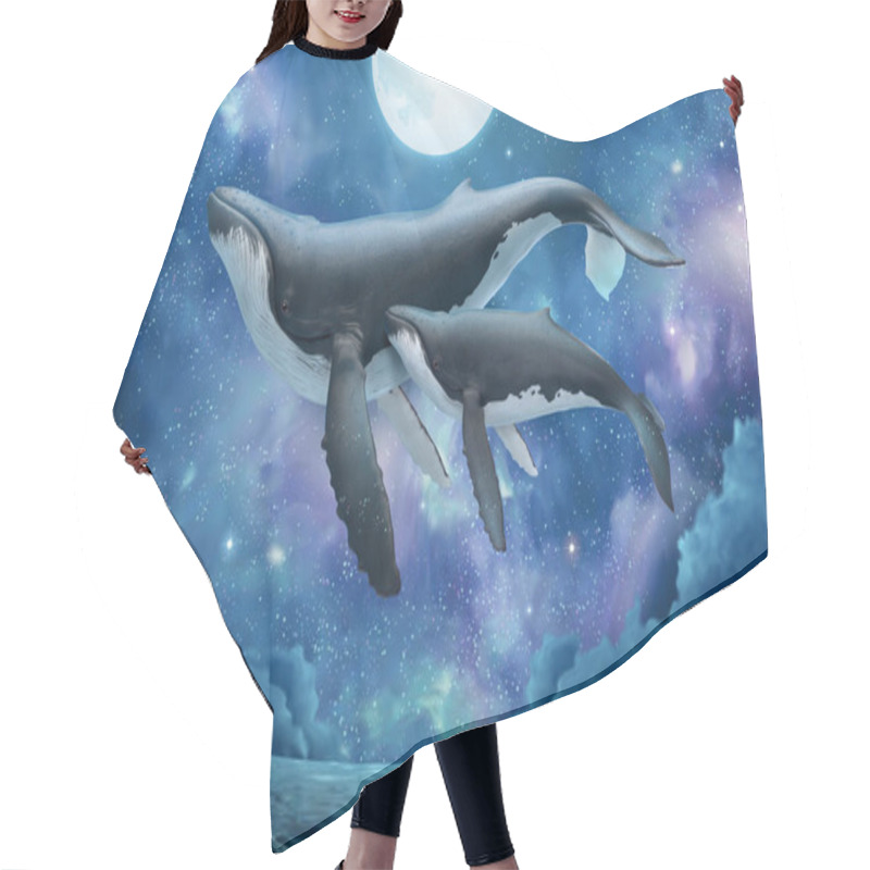 Personality  Whale Family Flying Above Shimmering Sea Surface In Surreal Starry Night In Fisheye View, 3d Illustration Hair Cutting Cape