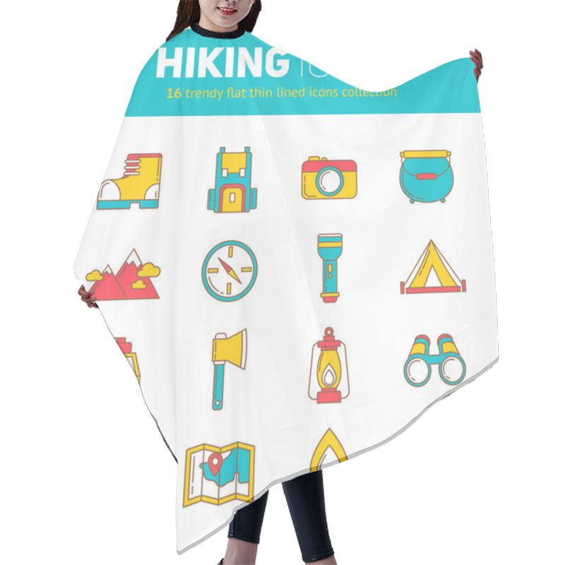 Personality  A Set Of Hiking Thin Lined Flat Icons With Camping Elements Hair Cutting Cape