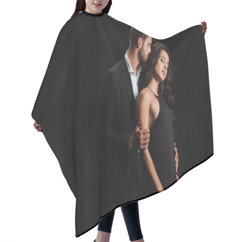 Personality  Handsome Man Hugging Woman With Closed Eyes In Dress Isolated On Black  Hair Cutting Cape