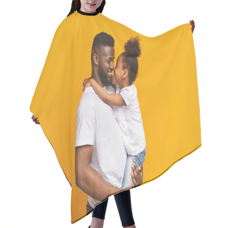 Personality  Black Man And Little Girl Touching Noses, Cuddling On Orange Background Hair Cutting Cape