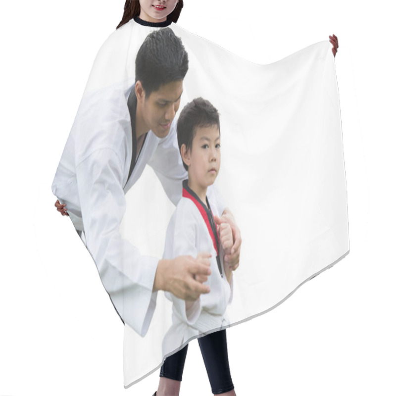 Personality  Taekwondo Master Black Belt Teaching Kid To Fight Guard On White Background Hair Cutting Cape