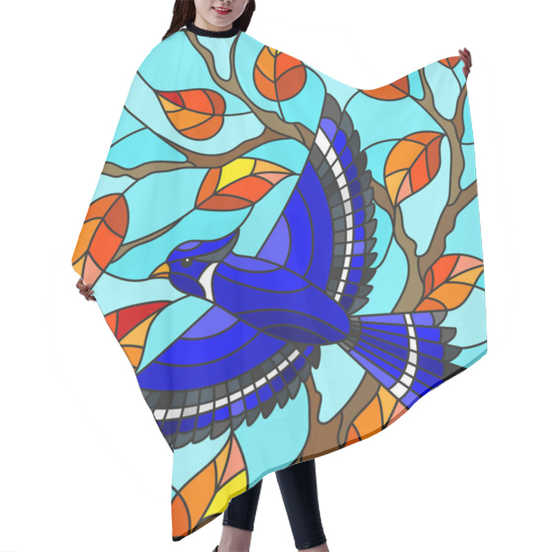 Personality  Illustration In The Style Of Stained Glass With A Beautiful Blue Bird  On A  Background Of Autumn Branch Of Tree And Sky Hair Cutting Cape