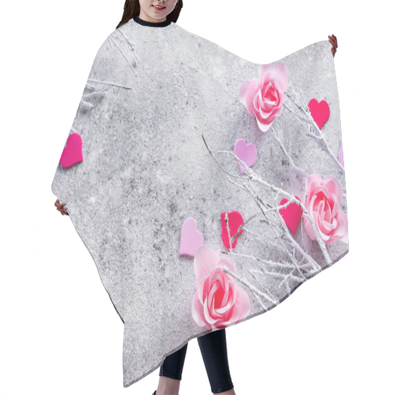 Personality  Branches In The Snow With Pink Rose Buds And Hearts On A Concrete Background With Space For Text. Valentines Day Concept Hair Cutting Cape