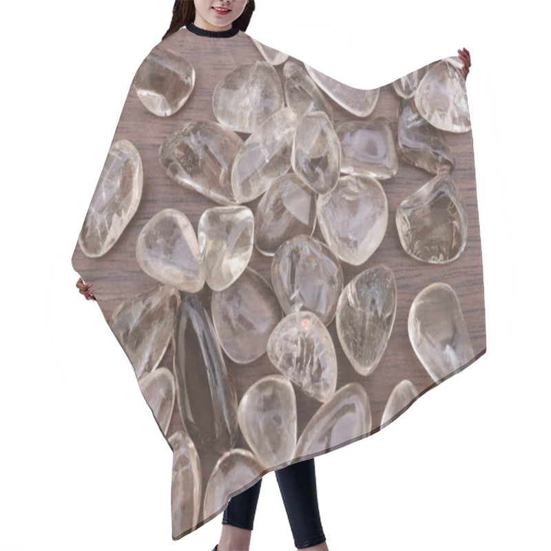 Personality  Smoky Quartz Heap Up Jewel Stones Texture On Brown Varnished Wood Background Hair Cutting Cape