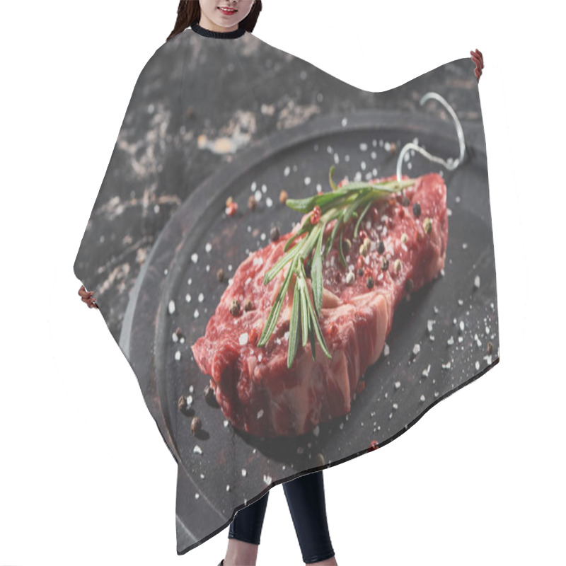 Personality  Raw Meat Steak With Rosemary Twig Sprinkled With Salt And Pepper On Round Wooden Surface Hair Cutting Cape