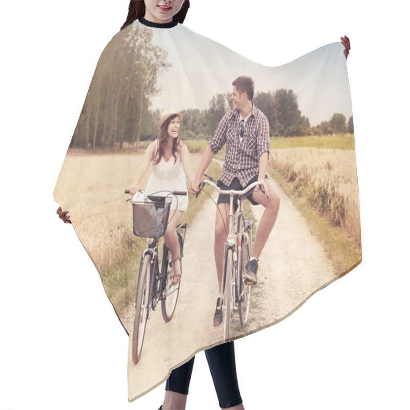 Personality  Happy Couple Cycling Outdoors In Summer Hair Cutting Cape