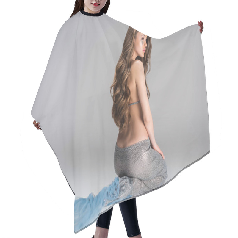 Personality  Attractive Woman With Mermaid Tail And Long Hair Sitting Isolated On Grey Hair Cutting Cape