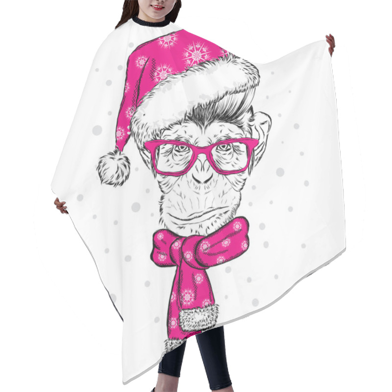 Personality  Funny Monkey With Glasses, Hat And Scarf. Vector Illustration. Scarf, Hat And Glasses. Postcard Or Poster. Print On Clothes. New Year's And Christmas. Hair Cutting Cape