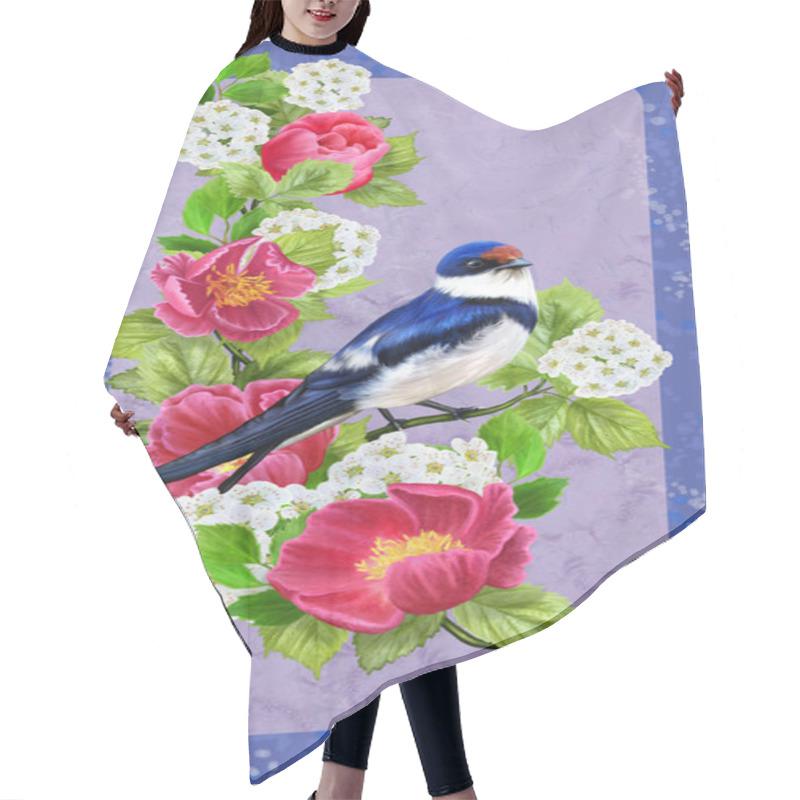 Personality  Swallow Bird On A Background Of Red And White Flowers Hair Cutting Cape