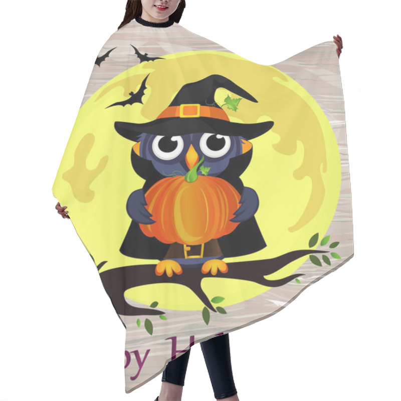 Personality  Halloween. Cartoon Owl In A Witch Costume With Pumpkin Against A Background Of The Moon With Bats Sitting On A Branch. Vector On Wooden Back. Poster / Invitation / Greeting Card On Holiday. Hair Cutting Cape