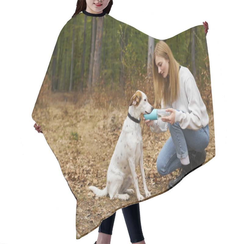 Personality  Loving Female Dog Owner Having Walk With Dog And Giving Water To Her Pet While Trekking In Forest Hair Cutting Cape