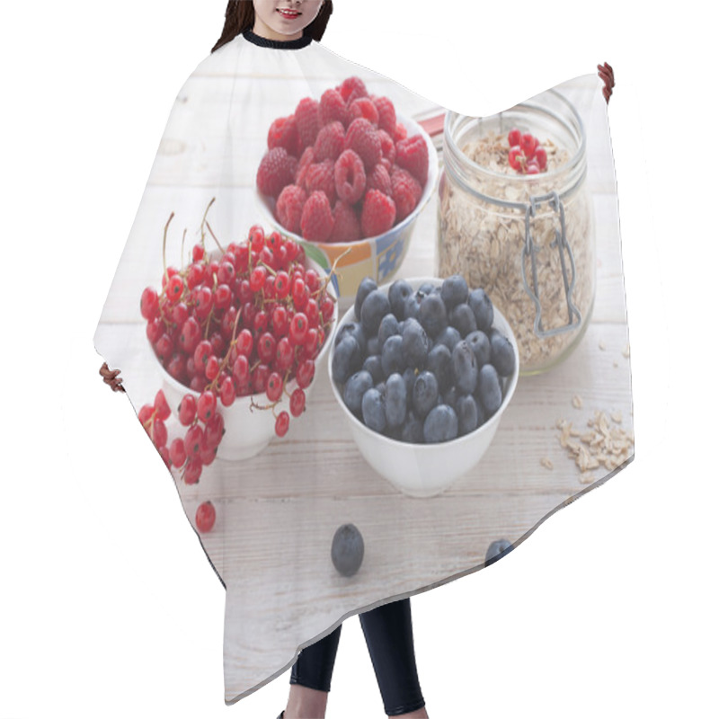 Personality  Breakfast - Berries, Fruit And Muesli On White Wooden Hair Cutting Cape