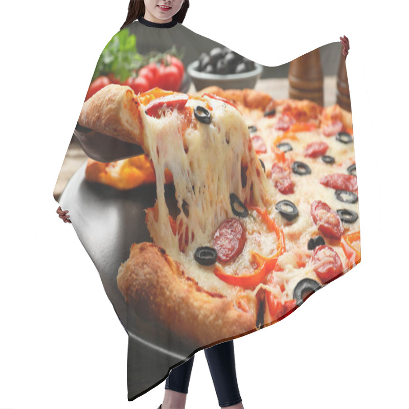 Personality  Taking Piece Of Tasty Pizza At Wooden Table, Closeup Hair Cutting Cape