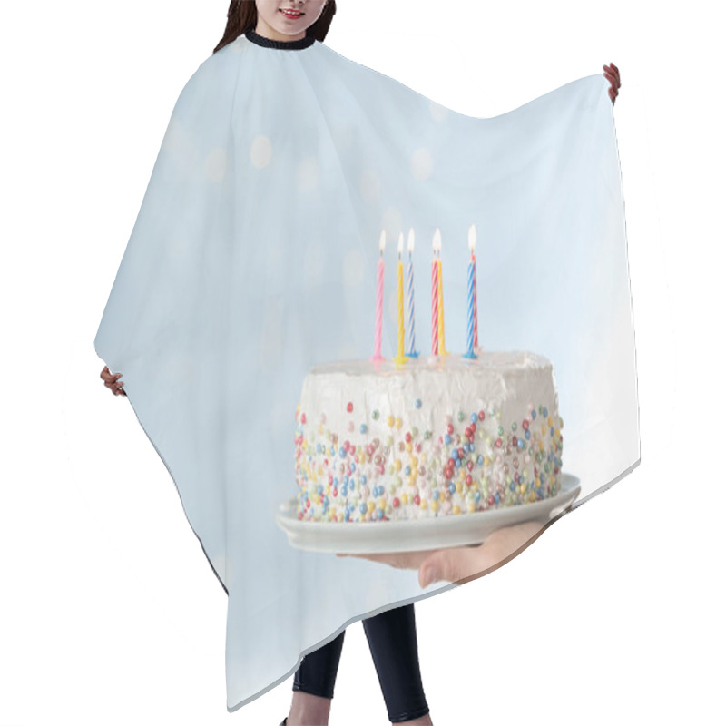 Personality  Woman Holding Birthday Cake With Burning Candles Against Blurred Background, Closeup. Space For Text Hair Cutting Cape