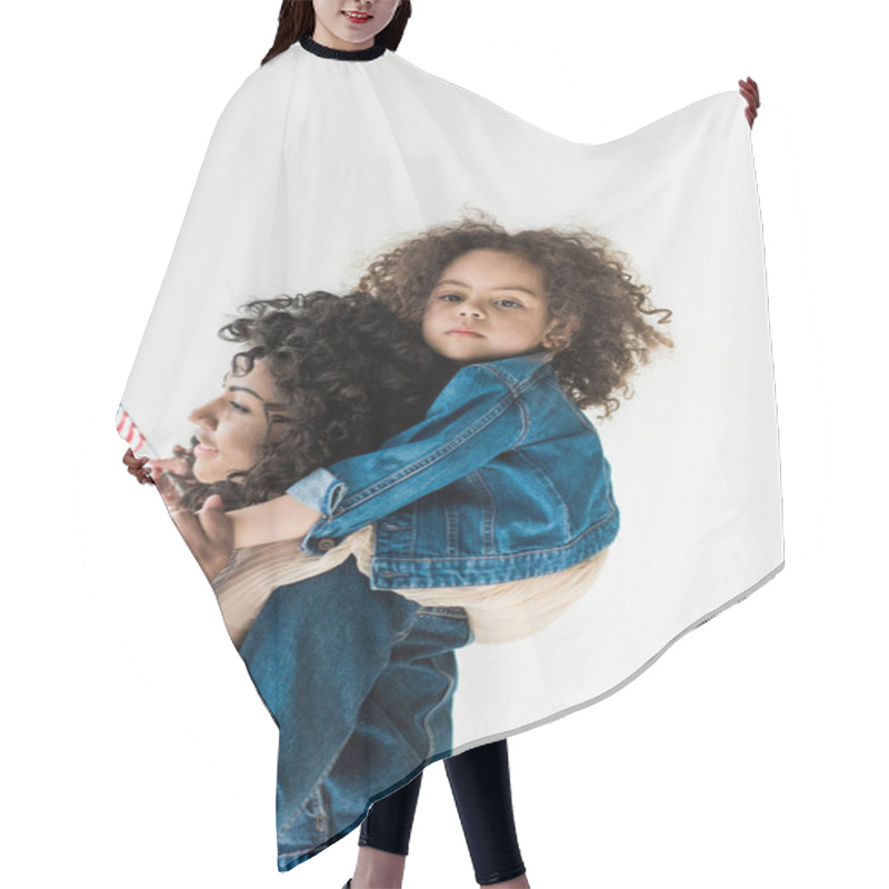 Personality  Daughter Sitting On Shoulders Of Mother Hair Cutting Cape