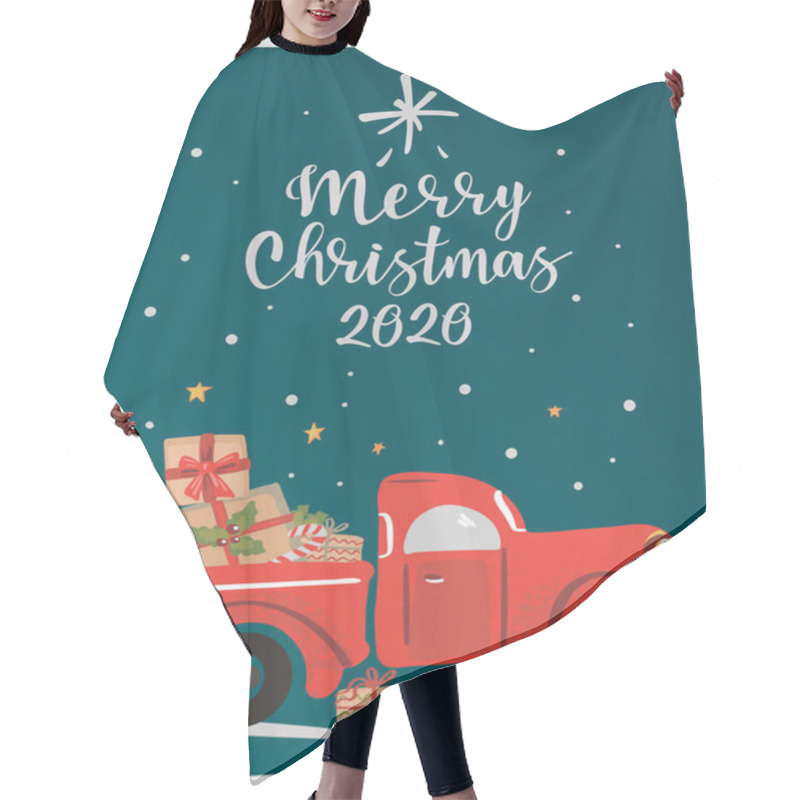 Personality  Christmas Red Truck With A Christmas Tree. Hair Cutting Cape