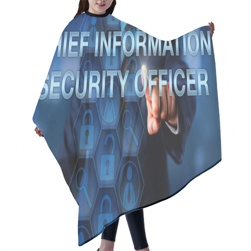 Personality  CEO Touching CHIEF INFORMATION SECURITY OFFICER Onscreen. Magnifier Icon And Padlock Refer To Hands-on Technical Work Of This C-level Executive Role. Worker Symbols Relate To People Skills Of A CISO. Hair Cutting Cape