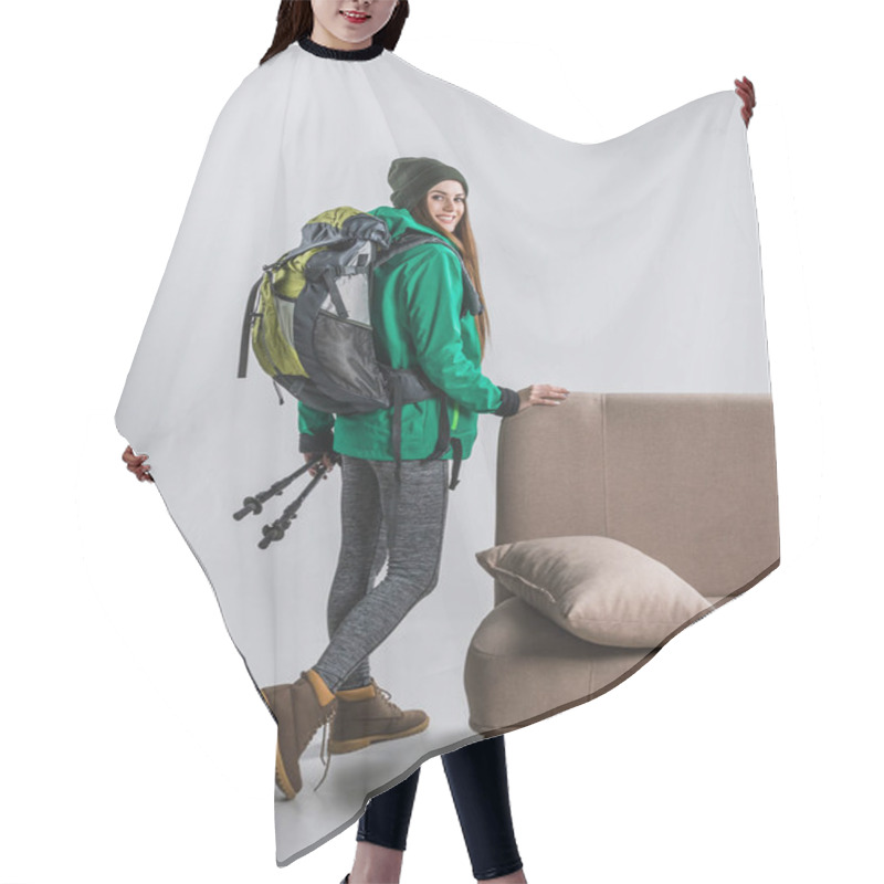 Personality  Beautiful Sportswoman In Warm Clothing With Backpack And Hiking Equipment At Home Hair Cutting Cape