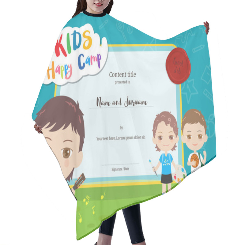 Personality  Colorful Kids Summer Camp Diploma Certificate Template In Cartoon Style With Various Children Activities Music, Painting And Sport Hair Cutting Cape