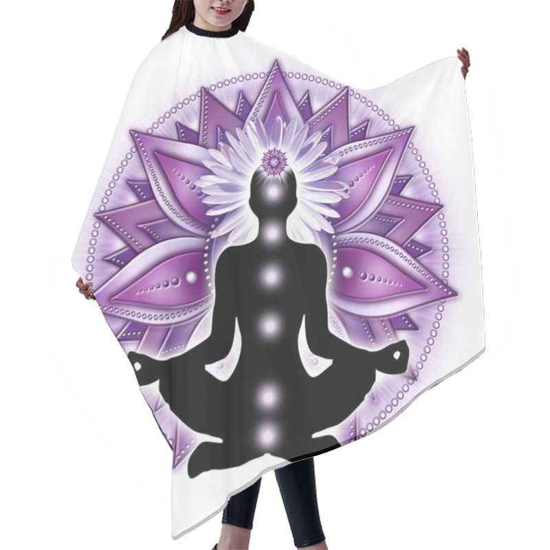 Personality  Crown Chakra Meditation In Yoga Lotus Pose, In Front Of Sahasrara Chakra Symbol. Supportive Decor For Kinesiology Practitioners, Massage Therapists, Reiki And Chakra Energy Healers, Yoga Studios Etc. Hair Cutting Cape