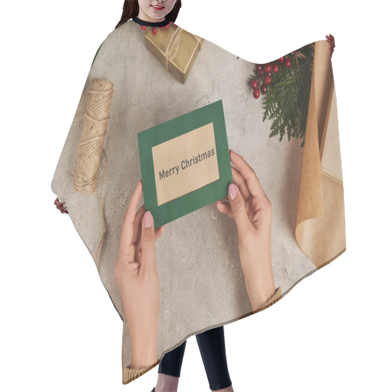 Personality  Cropped Woman With Handmade Merry Christmas Greeting Card Near Juniper Branches And Holly Berries Hair Cutting Cape