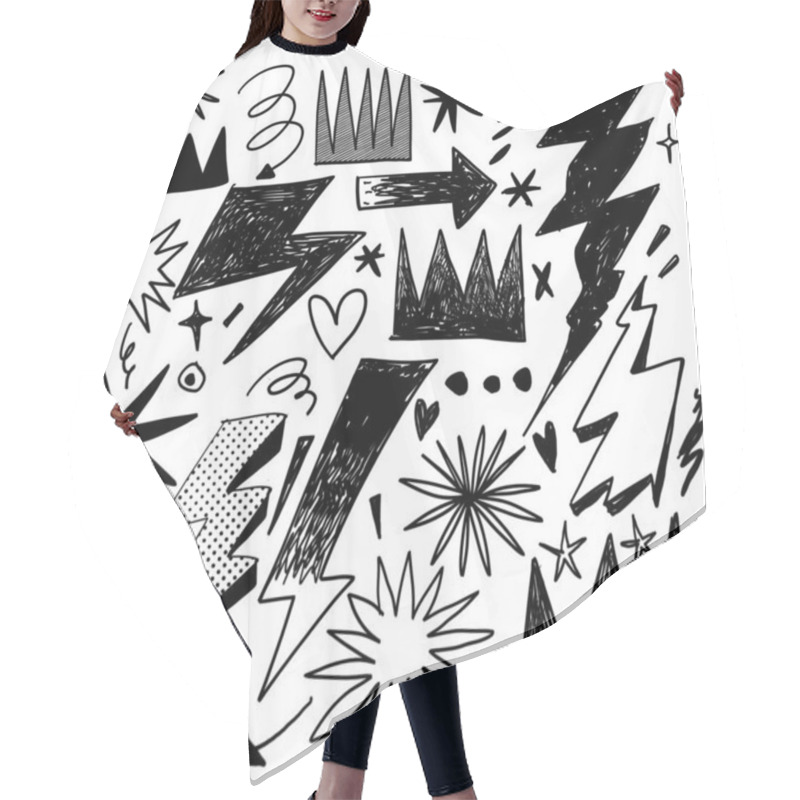 Personality  A Hand Drawn Doodle Featuring Bold Lightning Bolts, Thunder Symbols, And Graphic Shapes In A Playful And Energetic Style, With A Mix Of Stars, Arrows, And Abstract Forms Hair Cutting Cape