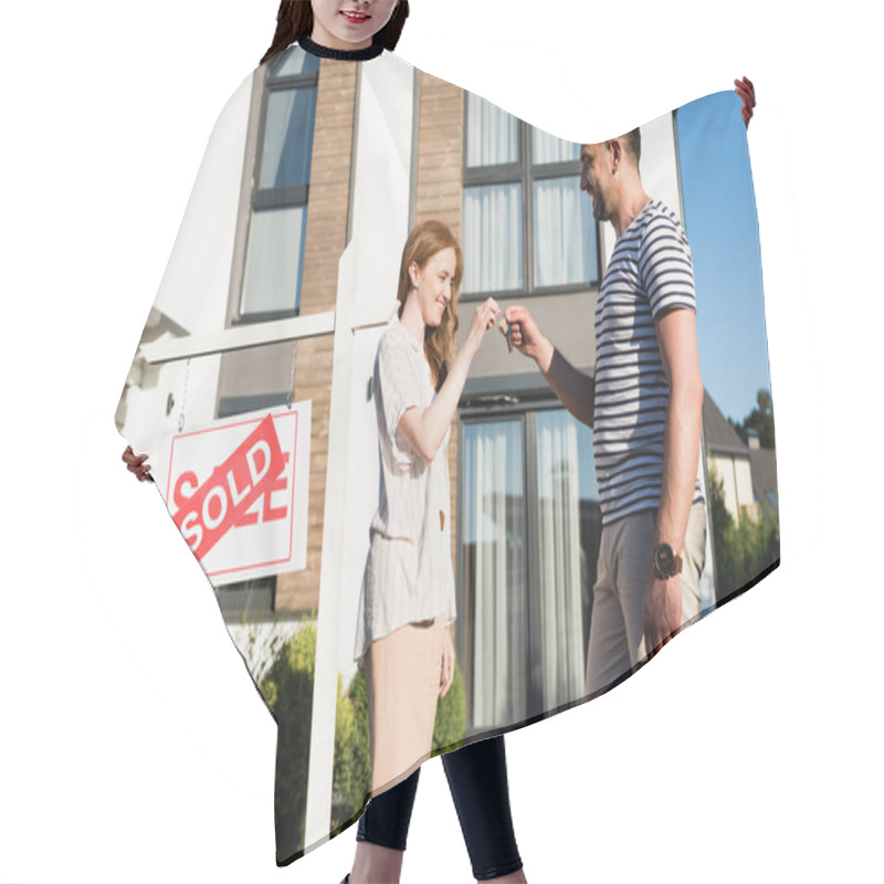 Personality  Happy Wife Taking Key From Husband Near Sign With Sold Lettering And Modern House On Background Hair Cutting Cape