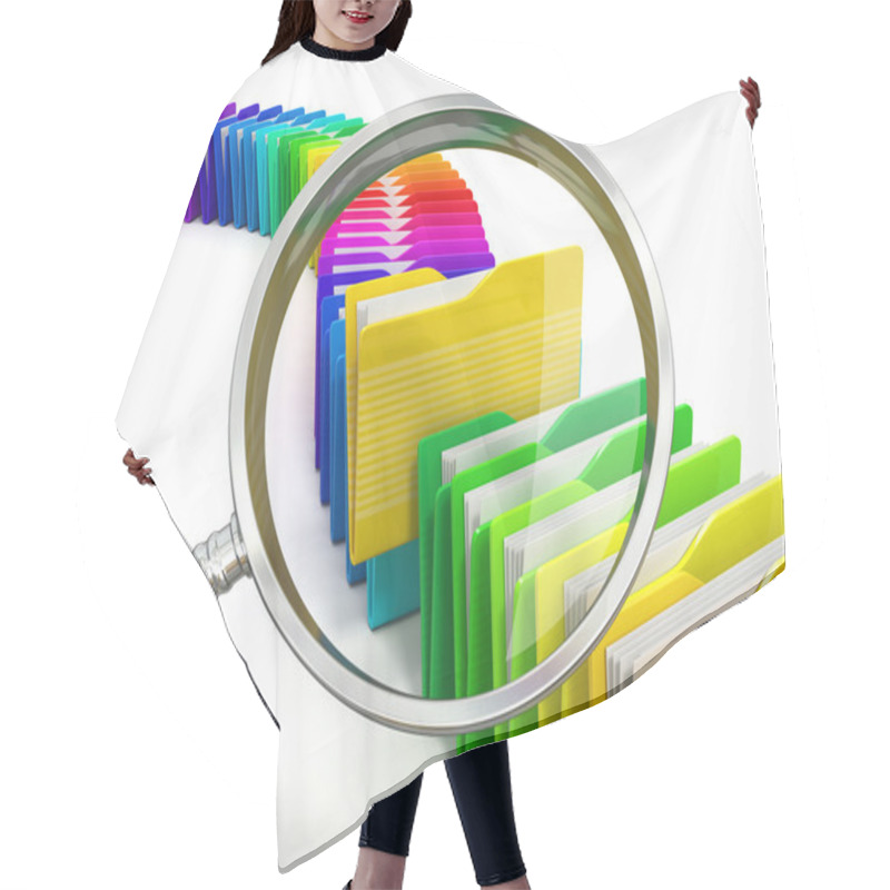 Personality  Files Search. Folders And Loupe On White Background. Hair Cutting Cape