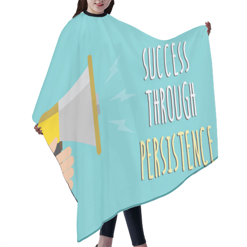 Personality  Text Sign Showing Success Through Persistence. Conceptual Photo Never Give Up In Order To Reach Achieve Dreams Man Holding Megaphone Loudspeaker Blue Background Message Speaking Loud Hair Cutting Cape