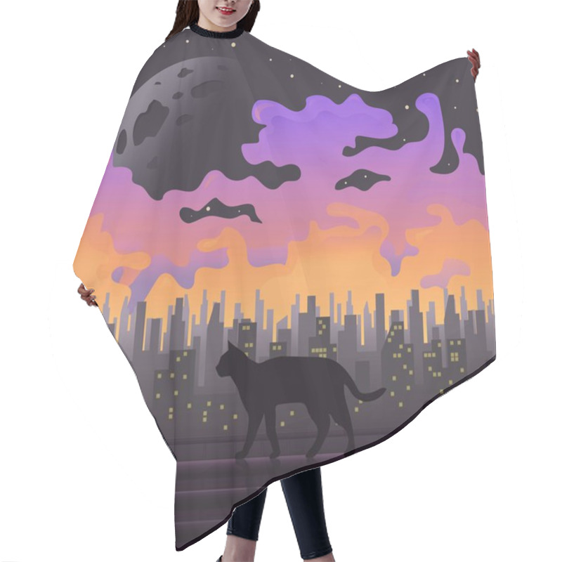 Personality  Black Cat At Full Moon. Purple Background Vector Hair Cutting Cape