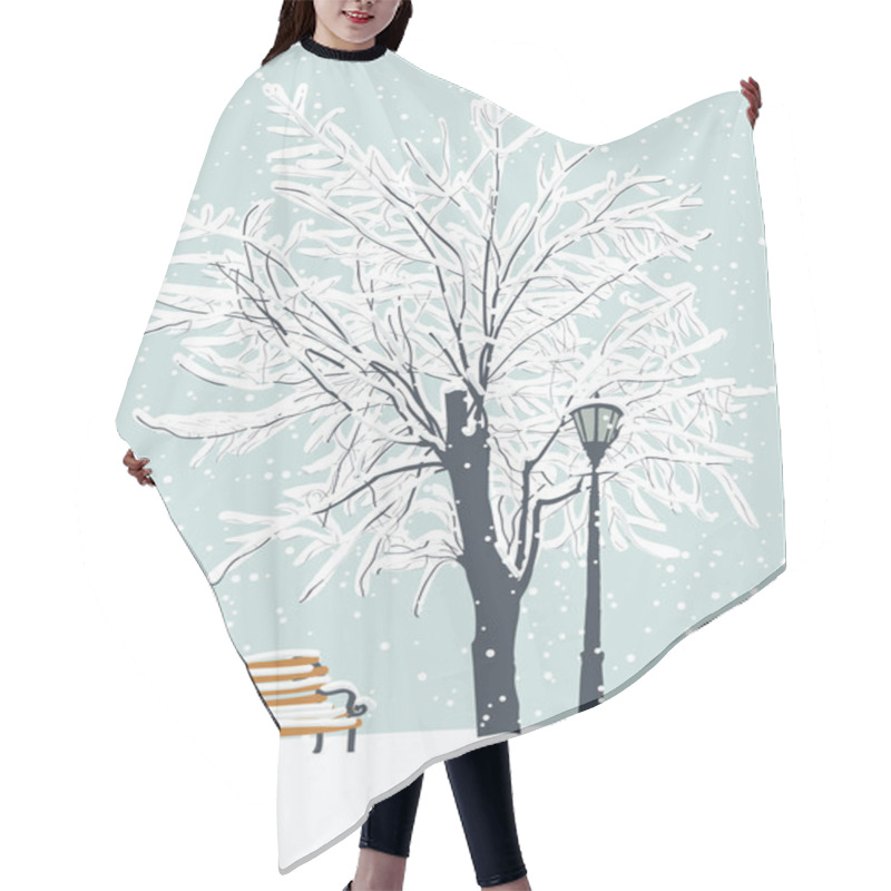 Personality  Vector Winter Landscape With A Lonely Cat On A Bench In The Park Under A Snow-covered Tree. Snowy Winter Illustration Hair Cutting Cape