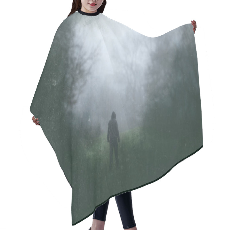 Personality  A Spooky Hooded Figure Standing On A Path In A Forest. With A Blurred, Vintage Abstract Edit Hair Cutting Cape