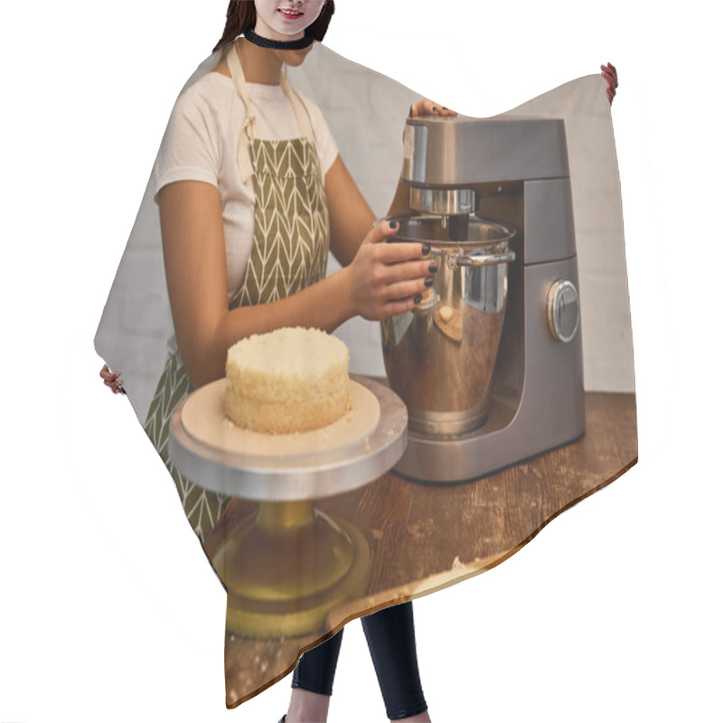 Personality  Cropped View Of Confectioner Mixing Dough In Dough Mixer Hair Cutting Cape