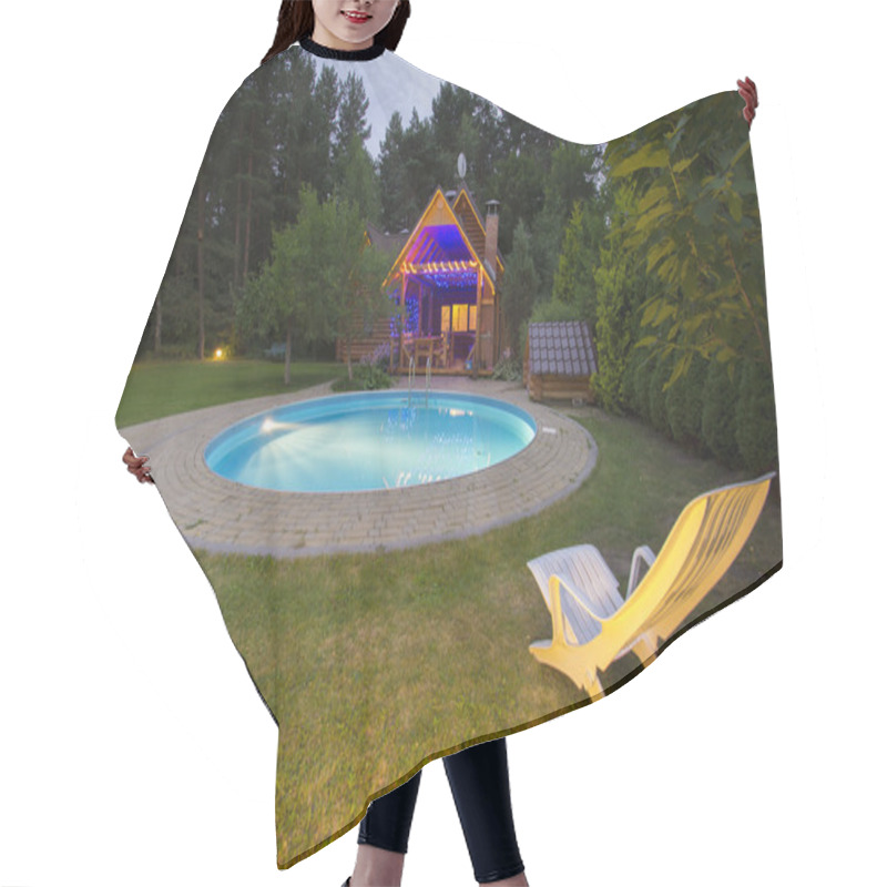 Personality  A Waterpool With Chair Near Wooden House At Night Hair Cutting Cape