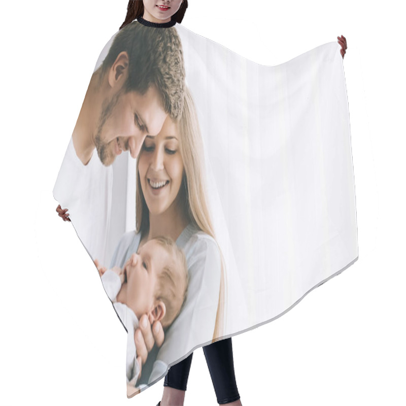 Personality  Cheerful Family Carrying Little Baby Boy In Front Of Curtains At Home Hair Cutting Cape