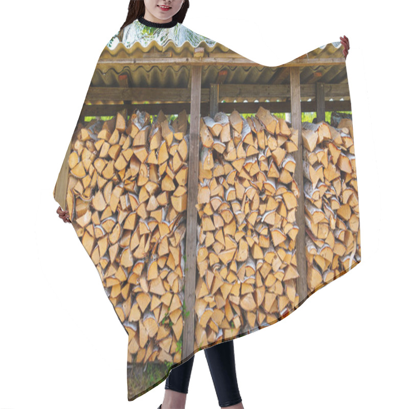 Personality  Cozy Rustic Barn Interior Filled With Firewood For Winter Heating Stockpile. Warm And Inviting Space With Neatly Stacked Firewood, Perfect For A Cozy Winter Or Rustic Living Concept. Hair Cutting Cape