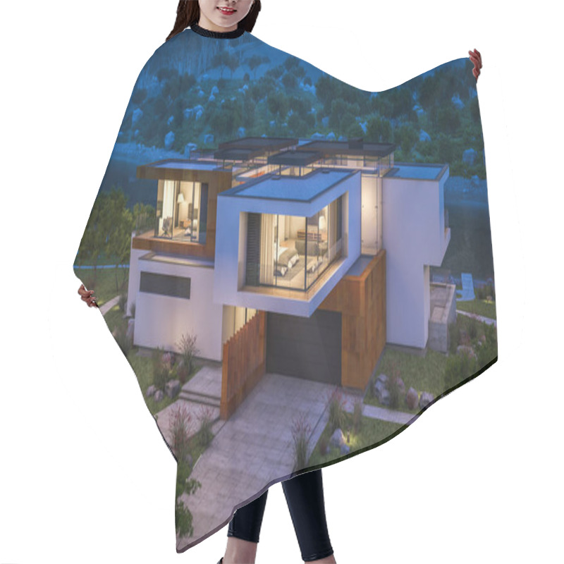 Personality  3d Rendering Of Modern House By The River At Night Hair Cutting Cape