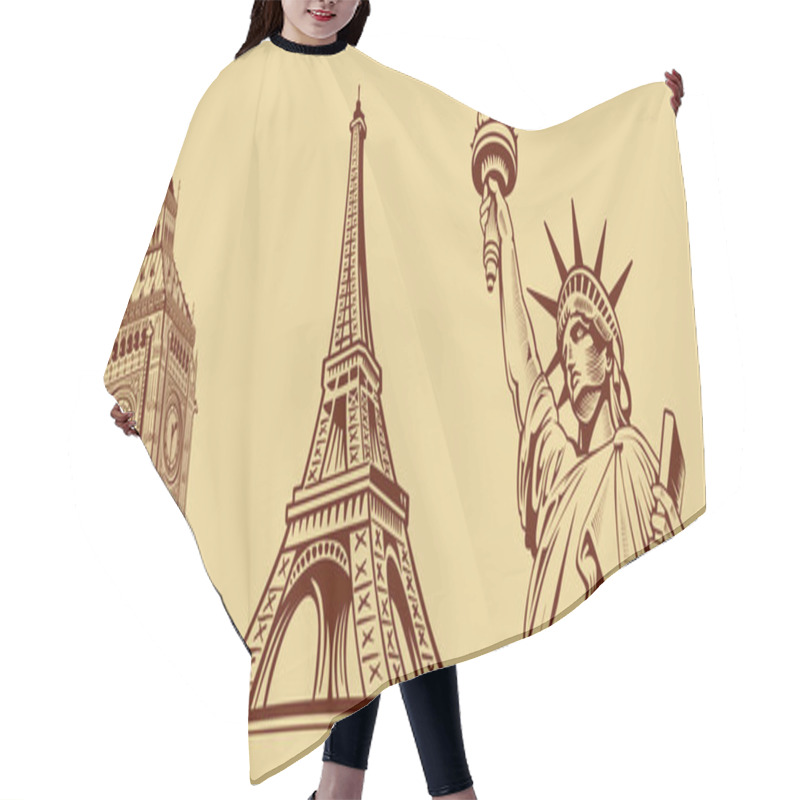 Personality   Cities Symbols Sketch: Paris (Eiffel Tower), London (Big Ben), New York (Statue Of Liberty) Hair Cutting Cape