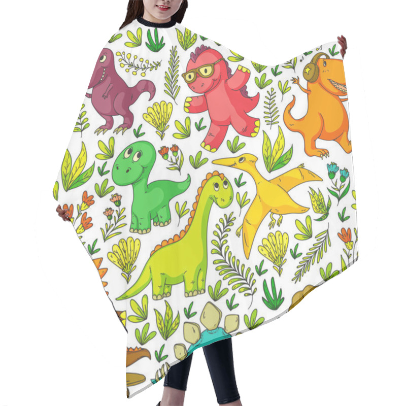 Personality  Pattern Kids Fabric, Textile, Nursery Wallpaper. Vector Illustration. Hand Drawn Dinosaurs, Dino For Little Children. Hair Cutting Cape