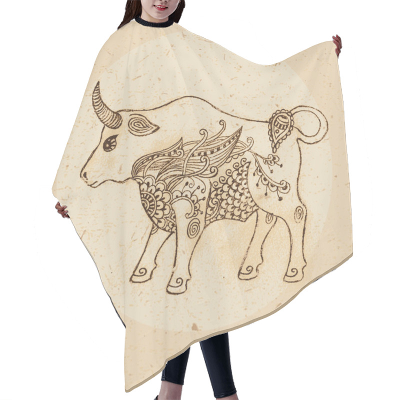 Personality  Bull With Elements Of The Ornament In Ethnic Style. Zodiac Sign Hair Cutting Cape