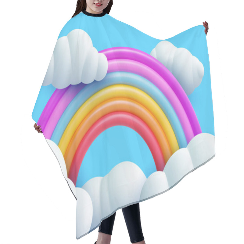 Personality  3d Cartoon Rainbow With White Clouds On Blue Background. Minimal Realistic Design Art Element. Funny Children Toy. Glossy Sweet Decoration. Vector Illustration. Hair Cutting Cape