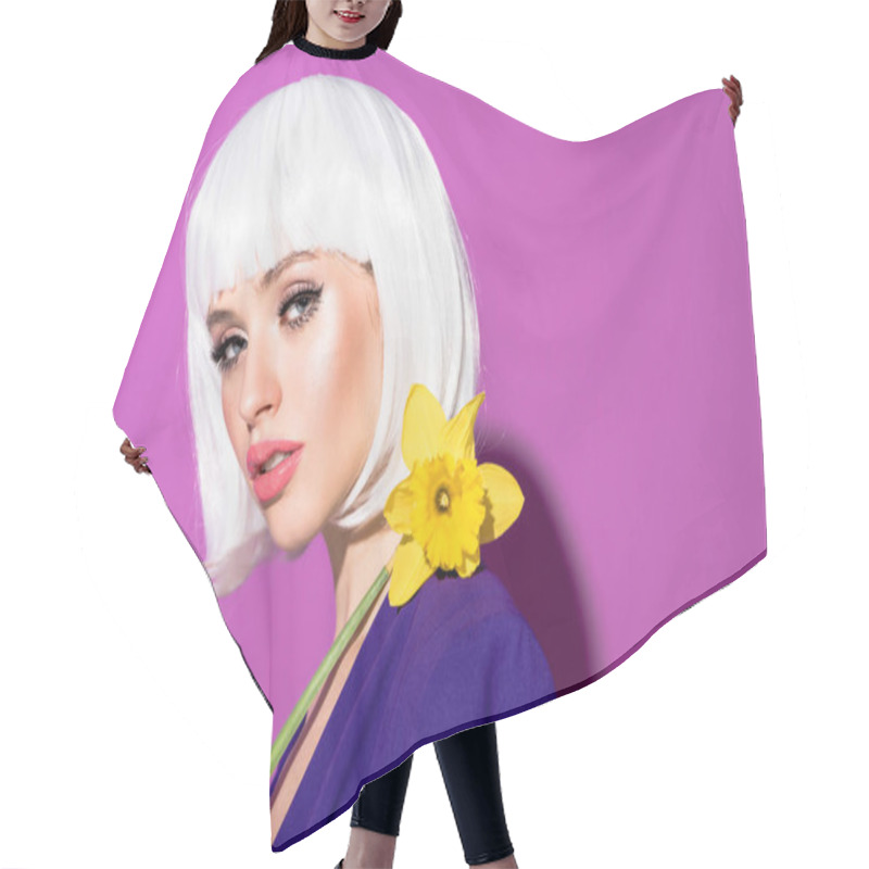 Personality  Pretty Young Woman In White Wig Holding Flower On Purple Background Hair Cutting Cape