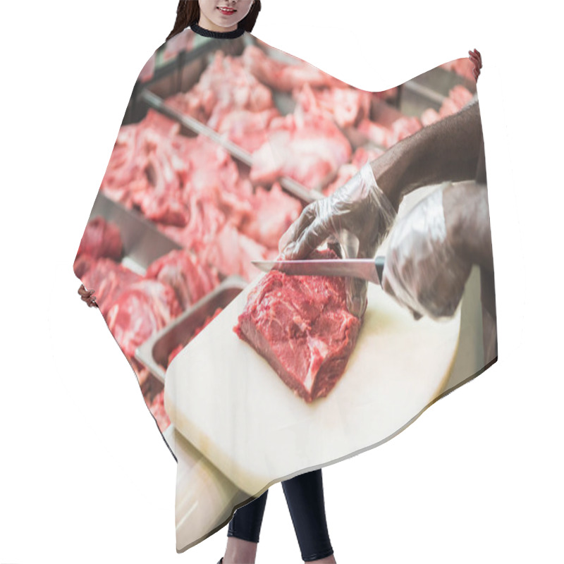 Personality  Partial View Of African American Male Shop Assistant Cutting Steak Of Raw Meat In Supermarket  Hair Cutting Cape