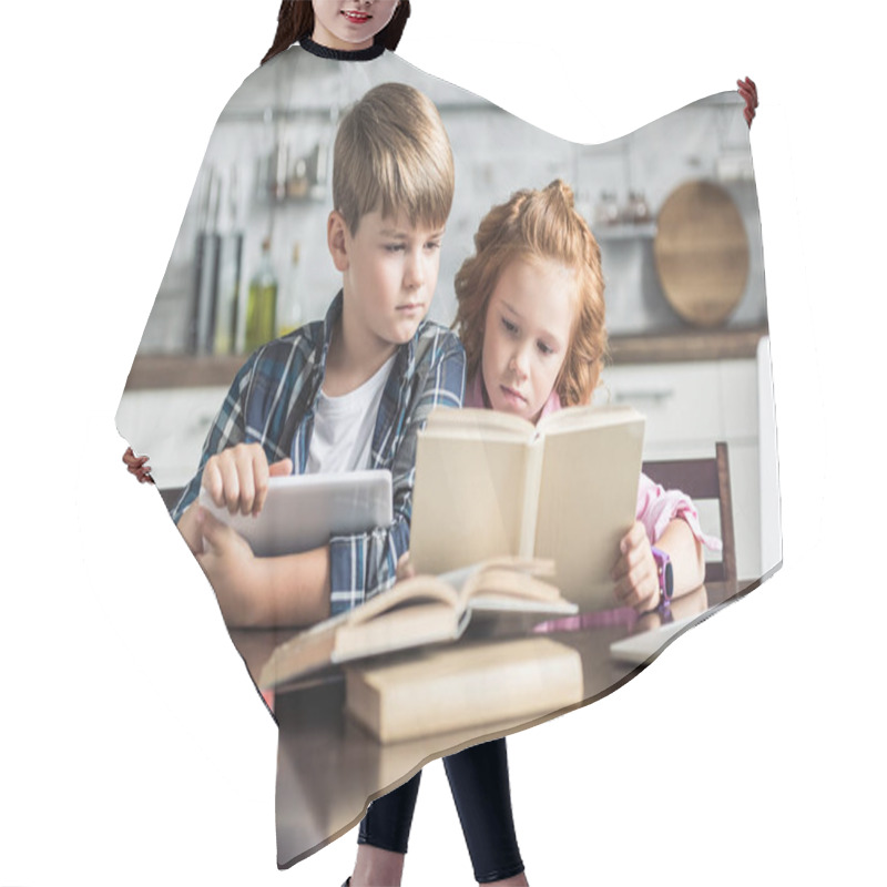 Personality  Concentrated Little Brother And Sister With Devices Reading Book Together Hair Cutting Cape