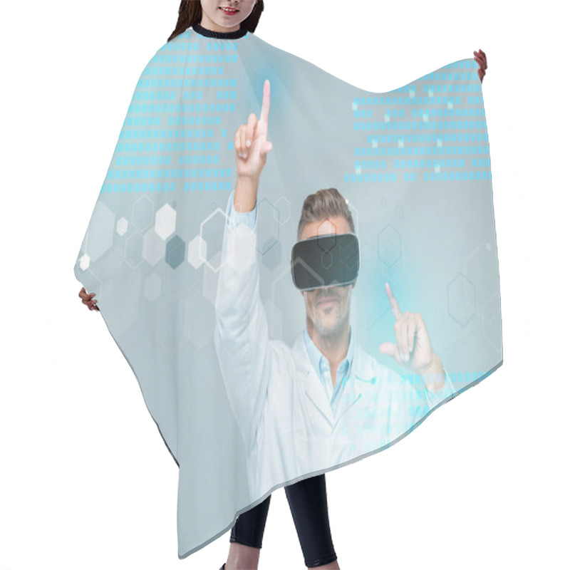 Personality  Scientist In Virtual Reality Headset Touching Medical Interface Isolated On Grey, Artificial Intelligence Concept Hair Cutting Cape