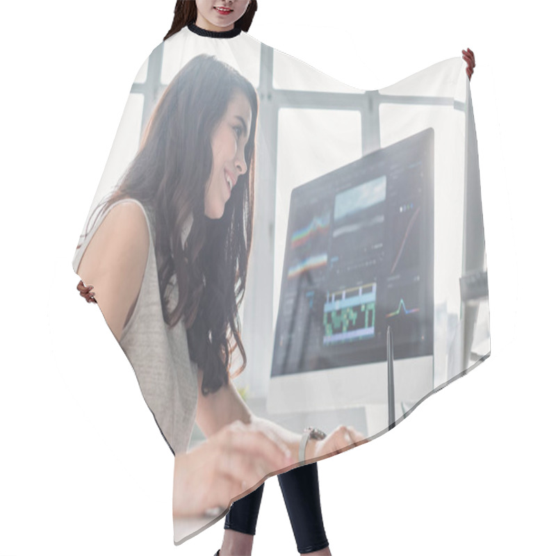 Personality  Selective Focus Of Happy Woman Working In Studio Near Computer Monitor  Hair Cutting Cape