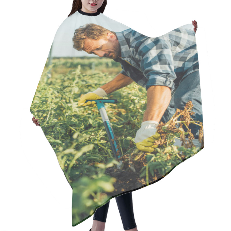 Personality  Selective Focus Of Farmer In Checkered Shirt Digging In Field Hair Cutting Cape