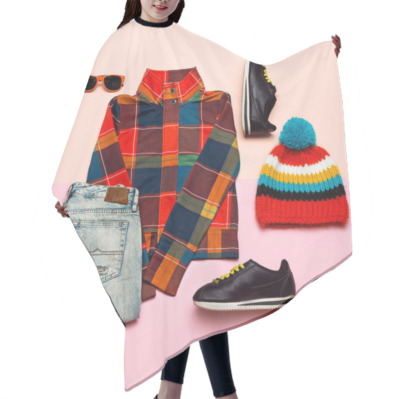 Personality  Set Of Clothes. Top View Checkered Jacket And Bright Accessories Hair Cutting Cape