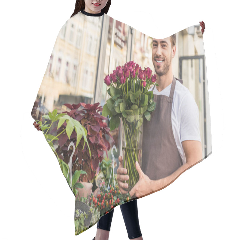 Personality  Handsome Smiling Florist Holding Roses In Jar Near Flower Shop Hair Cutting Cape