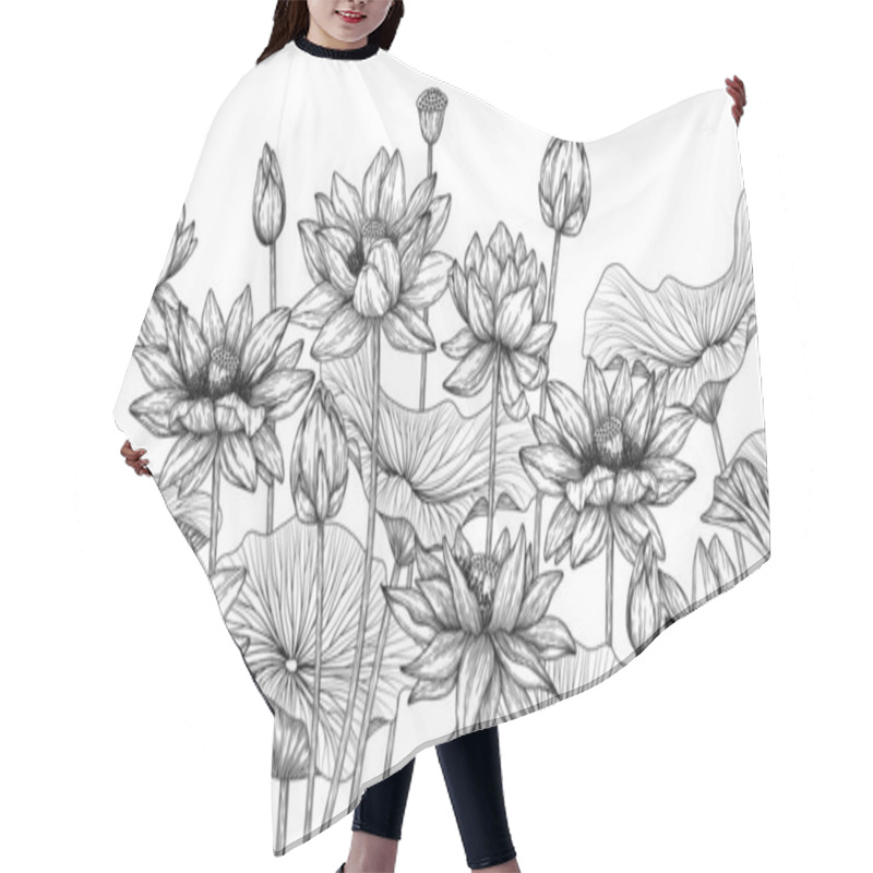 Personality   Seamless Horizontal Pattern Garden With Lotus Flowers In Engraving Style Hair Cutting Cape